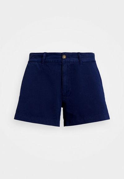 Marineblaue, Baumwollshorts mit geradem Schnitt, umgeschlagenen Säumen, Gürtelschlaufen und einem einzigen Knopfverschluss. Glattes, robustes Material ohne Muster.