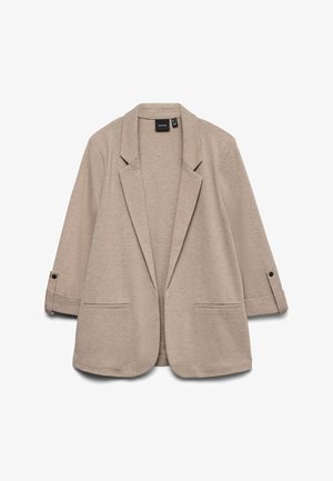 Beež jakk, mis on valmistatud pehmest kangast. Omadusteks on sälguline krae, avatud eesmine osa, kaks esist taskut ja üleskeeratud varrukad koos nööritrimmidega.