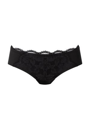 Black lingerie with floral lace detailing, scalloped edges, and a smooth waistband. The design is low-rise with a soft cotton blend.