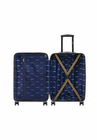 Valigia rigida con interno blu navy e cinghie gialle. Dispone di una maniglia telescopica e quattro ruote per una facile mobilità.