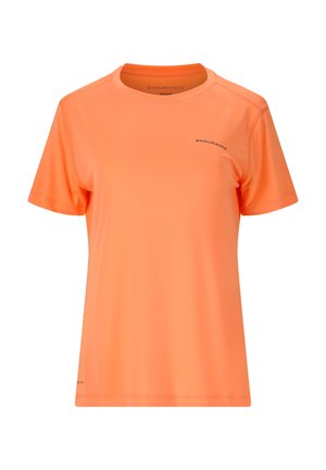 Fluorescerend oranje sportt-shirt met korte mouwen, ronde halslijn en een gladde textuur. 'Endurance' logo gedrukt op de borst.