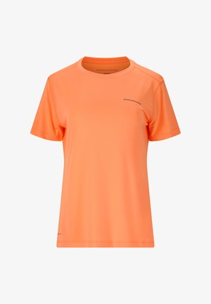 Fluoreszierendes orangefarbiges Sport-T-Shirt mit kurzen Ärmeln, rundem Ausschnitt und glatter Textur. "Endurance"-Logo auf der Brust gedruckt.
