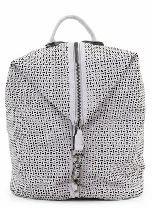 Sac à dos avec motif tissé blanc et noir, avec une fermeture éclair verticale centrale et une poignée en tissu sur le dessus.