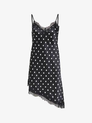 Mustast satiinist põlvpikkune kleit valgete täppidega, pitsäärega kaeluse ja helbe ääres ning reguleeritavate spagetirihmadega.