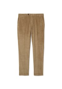 Hellbraune Cordhose mit vertikalen Rillen, versehen mit Knopfverschluss, Gürtelschlaufen und Seitentaschen. Glatte Textur und gerade Beinführung.