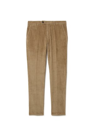 Lichtbruine corduroy broek met verticale ribbels, voorzien van een knoopsluiting, riemlussen en zijzakken. Gladde textuur en rechte pijpvorm.