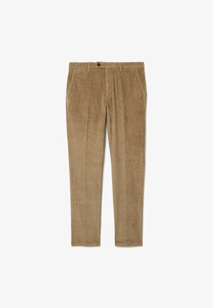 Lichtbruine corduroy broek met verticale ribbels, voorzien van een knoopsluiting, riemlussen en zijzakken. Gladde textuur en rechte pijpvorm.