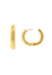 Boucles d'oreilles créoles en ton or avec un design courbé et lisse ; finition brillante ; et un fermoir à charnière sécurisé pour un port facile.