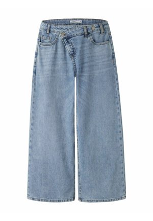 Hellblaue Jeans mit weitem Bein, hoher Taille und überlappendem Doppelknopfverschluss vorne.