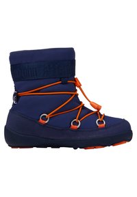 Marine waterdichte boot met een zachte stoffen bovenkant, oranje elastische veters, metalen oogjes en een gestructureerde rubberen zool. Geschikt voor koud weer.