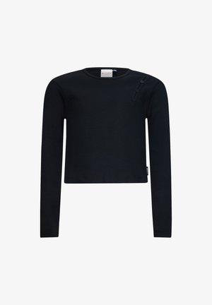 Schwarzer, gerippter Langarmpullover mit Rundhalsausschnitt und einzigartigem Knopfdetail an der Schulter. Kürzere Passform und eine subtile Textur.