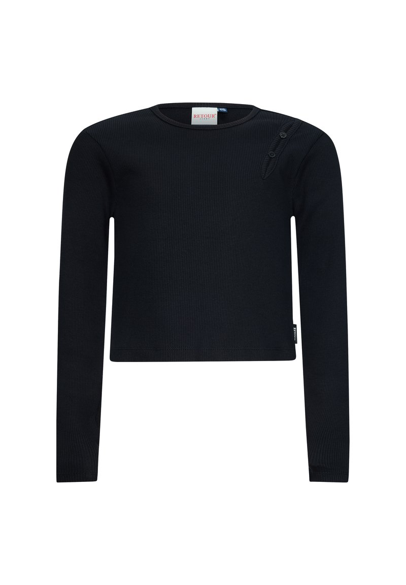 Maglione nero a maniche lunghe con collo rotondo e un interessante dettaglio di bottoni sulla spalla. Vestibilità corta e una texture sottile.
