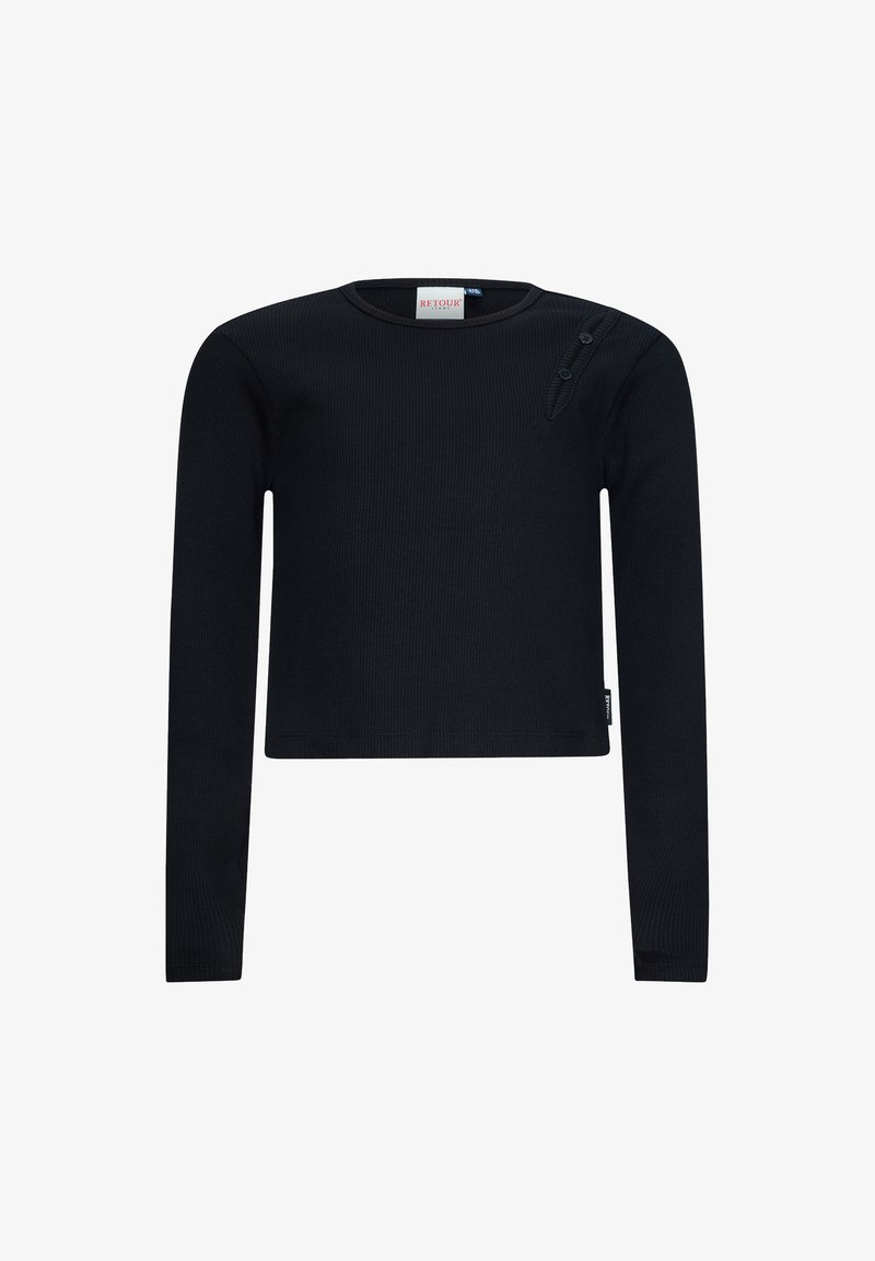 Schwarzer, gerippter Langarmpullover mit Rundhalsausschnitt und einzigartigem Knopfdetail an der Schulter. Kürzere Passform und eine subtile Textur.