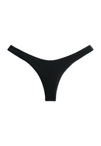 Svart ribbad tanga med minimalistisk design, som har tunna remmar och en V-formad skärning fram och bak för en elegant look.