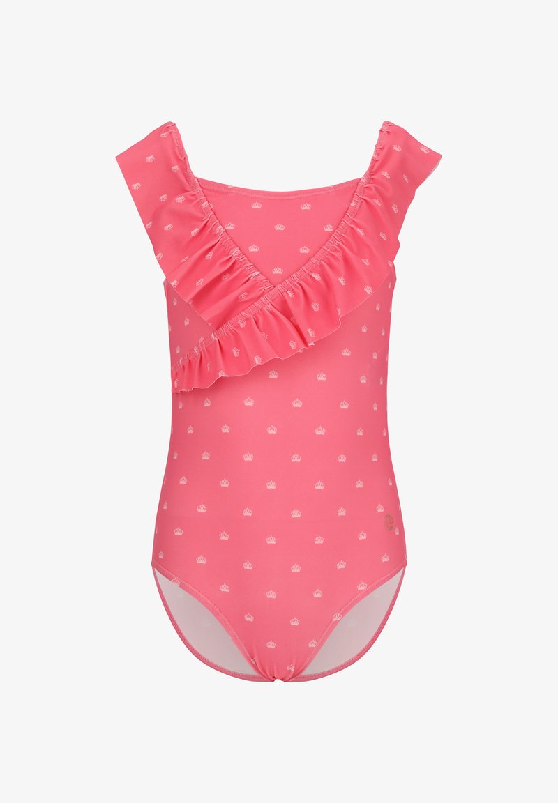 Roze badpak met een witte kroonprint. Kenmerkt zich door een diagonale ruchesband en een gestructureerde stof. U-vormige halslijn en aangesloten pasvorm.