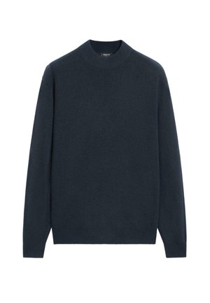 Marineblå strikket trøje med lange ærmer og rund hals; har en glat tekstur og ribbet detalje ved manchetter og kant.