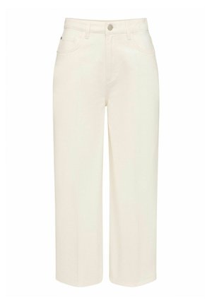 Høj talje brede ben cremebukser med forlommer, bæltestropper og knaplukning, vist mod en hvid baggrund.