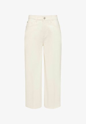 Pantaloni color crema a vita alta e gamba larga con tasche frontali, passanti per cintura e chiusura con bottone, mostrati su sfondo bianco.