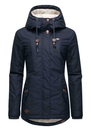 Marine waterdichte jas met een capuchon van nepbont, voorzien van bronzen hardware, trekkoordsluiting en twee zijzakken.