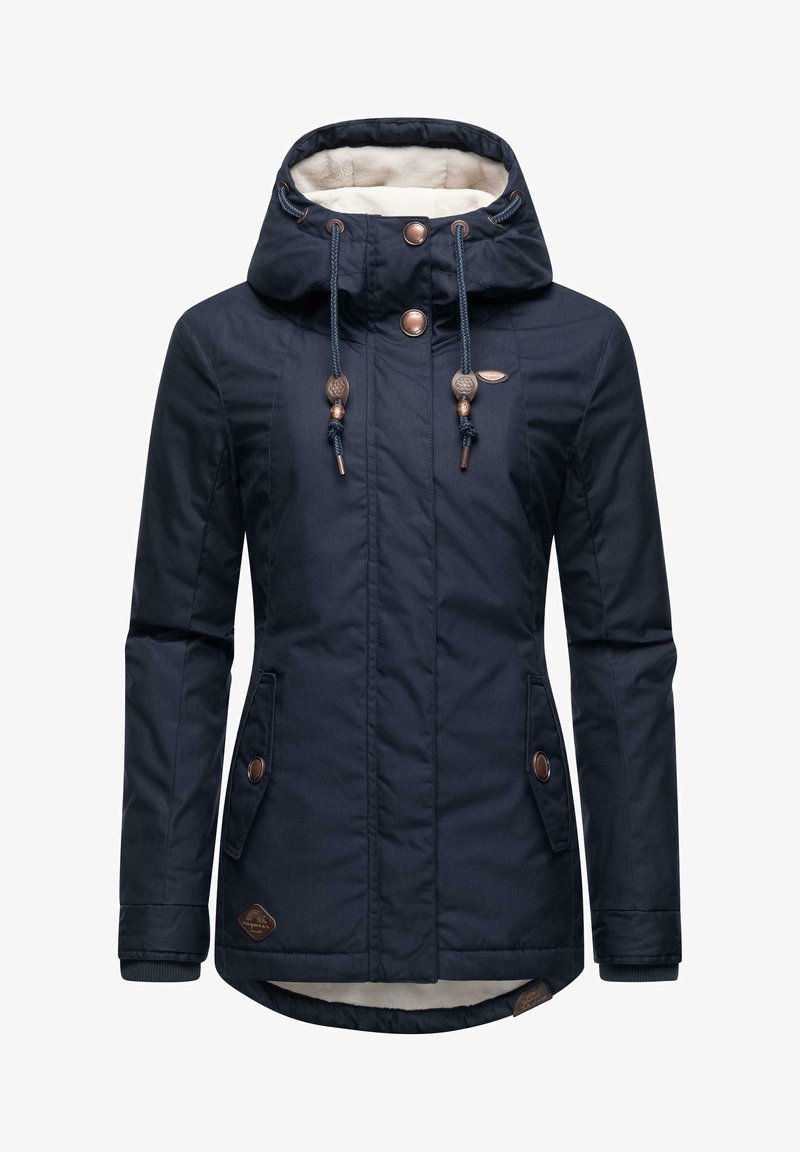 Marine waterdichte jas met een capuchon van nepbont, voorzien van bronzen hardware, trekkoordsluiting en twee zijzakken.