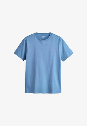 Vaaleansininen, lyhythihainen, pyöreähihainen puuvillainen T-paita, koko keskikokoinen, valkoisella taustalla esillä.