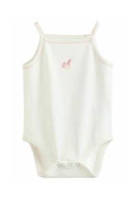 Witte katoenen baby romper met delicate bandjes, voorzien van roze stikwerk en een kleine geborduurde eenhoorn op de voorkant.