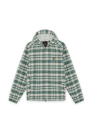 Giacca con cappuccio a quadri verdi e bianchi con cerniera frontale, polsini elastici, tasche laterali e un piccolo logo giallo di un uccellino sul petto.