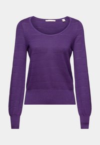 Pull en maille violet à manches longues avec encolure ronde et poignets et ourlet côtelés, présentant un motif à rayures horizontales texturé.