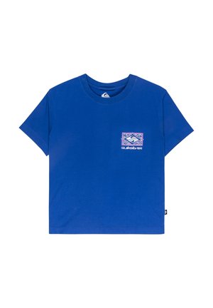Blaues Baumwoll-T-Shirt mit Rundhalsausschnitt, kurzen Ärmeln und einem grafischen Logo in Lila und Weiß im linken Brustbereich.