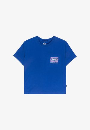 Blauwe katoenen T-shirt met een ronde hals, korte mouwen en een grafisch logo in paars en wit op het linker borstgebied.