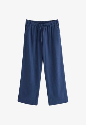 Marineblå bukser med vide ben, elastisk talje og snøre, med sidelommer, designet til afslappet brug.