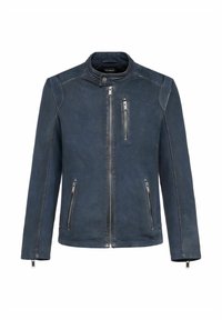 Granatowa skórzana kurtka z zapięciem na zamek z przodu, teksturowanymi ramionami i poziomymi przeszyciami, z trzema zapinanymi na zamek kieszeniami.