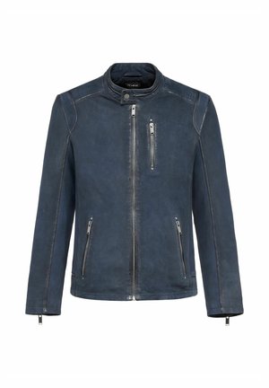 Granatowa skórzana kurtka z zapięciem na zamek z przodu, teksturowanymi ramionami i poziomymi przeszyciami, z trzema zapinanymi na zamek kieszeniami.