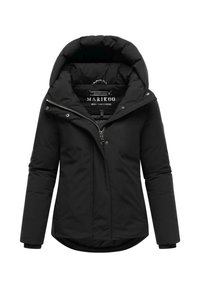 Black padded jacket with a detachable hood, zippered front, and snap buttons. Features elastic cuffs and a curved hem for a fitted look.