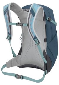 Osprey backpack with gray and teal mesh straps, breathable back support, and adjustable hardware. Durable fabric in a structured design.