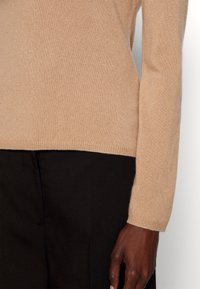 Beige Wollpullover mit langen Ärmeln, gerippten Bündchen und einer weichen Textur, kombiniert mit schwarzen Hosen. Detail des Ärmels und des Taillenbands sichtbar.