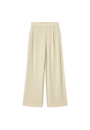 Beige bukser med vide ben, plisseringer, elastisk talje og sidelommer, designet til en løs og behagelig pasform.