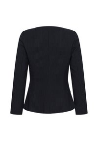 Blazer noir à fines rayures, ajusté, à manches longues, vu de dos sur fond blanc.