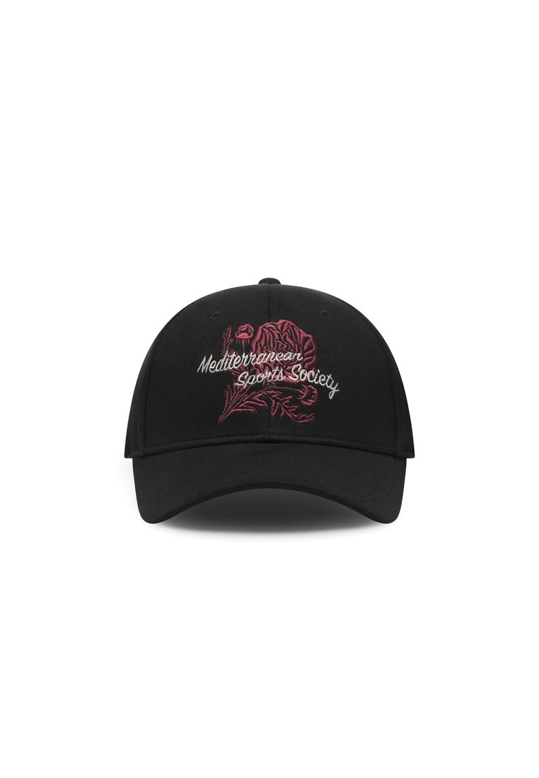 Black baseball cap with embroidered text "Mediterranean Sports Society" and floral design in red, featuring a curved visor and adjustable strap.