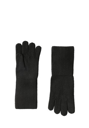 Paire de gants tricotés noirs avec poignets côtelés, montrés à plat avec une paume vers le haut et une paume vers le bas.