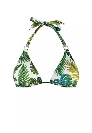 Stanik bikini w kształcie trójkąta z białym tłem, z zielonymi i żółtymi wzorami liści, regulowanymi troczkami na szyi i metalowymi akcentami.