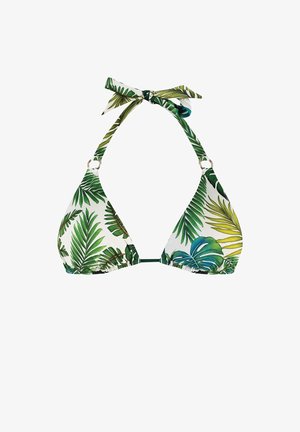 Stanik bikini w kształcie trójkąta z białym tłem, z zielonymi i żółtymi wzorami liści, regulowanymi troczkami na szyi i metalowymi akcentami.