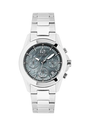 Montre en acier inoxydable argenté avec un boîtier rond, un cadran bleu-gris, trois sous-cadrans et un affichage de la date. Présente des marqueurs et des aiguilles lumineuses.