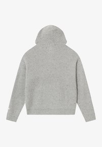 Sudadera con capucha de punto acanalado en gris claro, con mangas largas, mostrada desde la parte posterior sobre un fondo blanco.