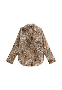 Camicia con fantasia leopardata, maniche lunghe, colletto e cintura abbottonata. Il tessuto è leggero e leggermente testurizzato, con sfumature di beige e marrone.