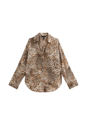 Chemise à imprimé léopard avec manches longues, col et fermeture à boutons sur le devant. Le tissu est léger et légèrement texturé, avec des nuances de beige et de marron.