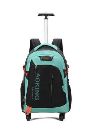 Roller-Rucksack mit einem türkisfarbenen und schwarzen Design, ausgestattet mit einem ausziehbaren Griff, gepolsterten Riemen, Netzseitentaschen und orangen Akzenten.