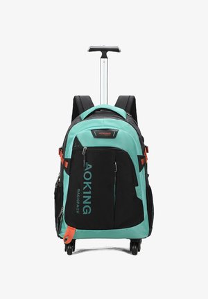 Zaino con rotelle dal design turchese e nero, dotato di manico retrattile, spallacci imbottiti, tasche laterali in rete e dettagli arancioni.