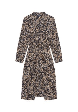 Abito nero a maniche lunghe con motivo floreale beige, scollo con colletto e cintura annodata in vita.
