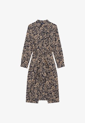 Schwarzes langärmeliges Kleid mit beigem Blumenmuster, Kragen und einem Taillengürtel.